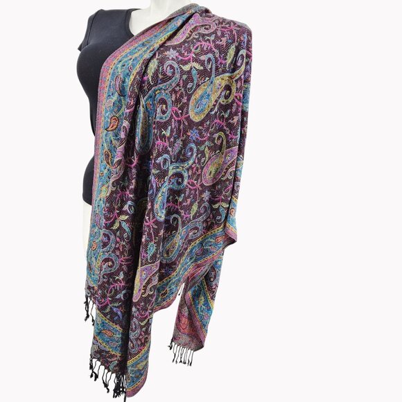 Cashmere Paisley Scarf Shawl With Fringe Multicolor 74" X 26" From Jerusalem - Picture 5 of 9